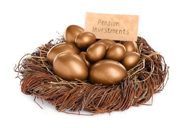 Many golden eggs and card with phrase Pension Investments in nest on white background