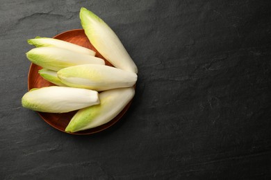 Photo of Fresh raw Belgian endives (chicory) on black table, top view. Space for text