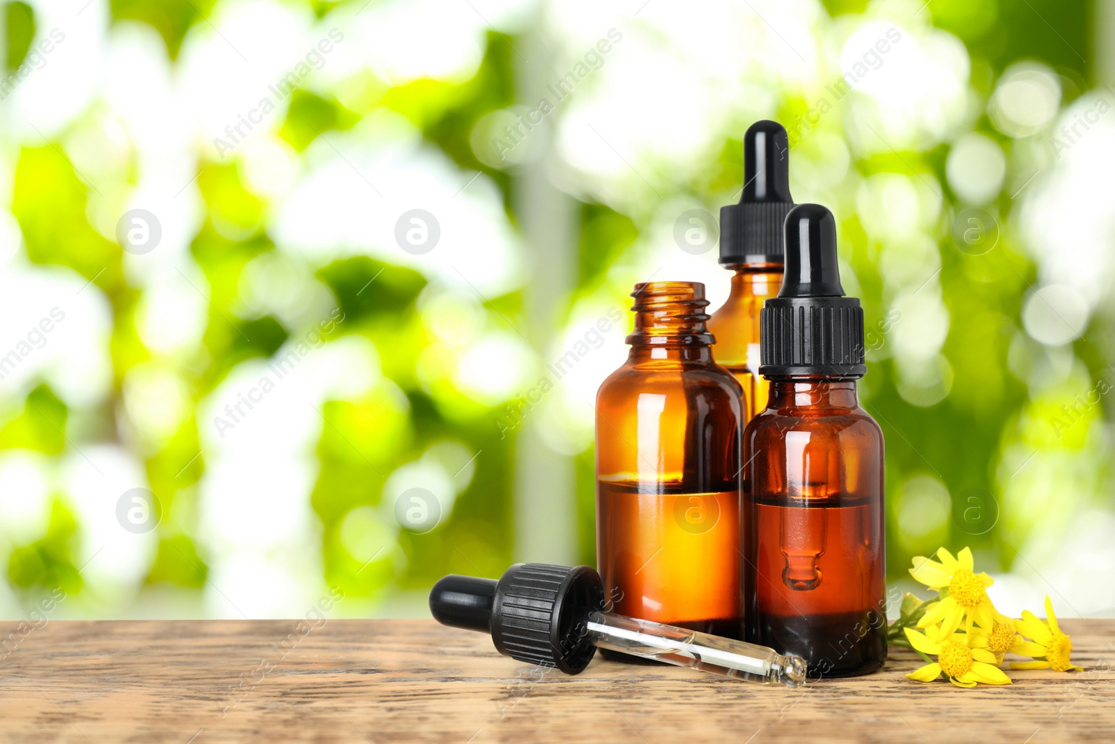 Image of Bottles of essential oil and flowers on wooden table against blurred background. Space for text