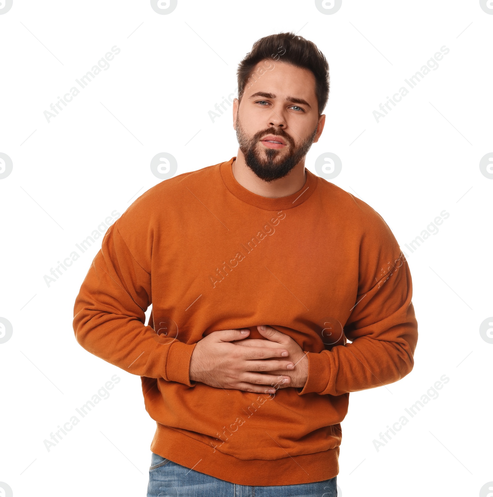 Photo of Young man suffering from stomach pain on white background