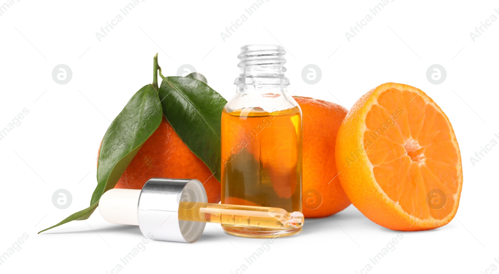 Photo of Aromatic tangerine essential oil in bottle, pipette and citrus fruits isolated on white