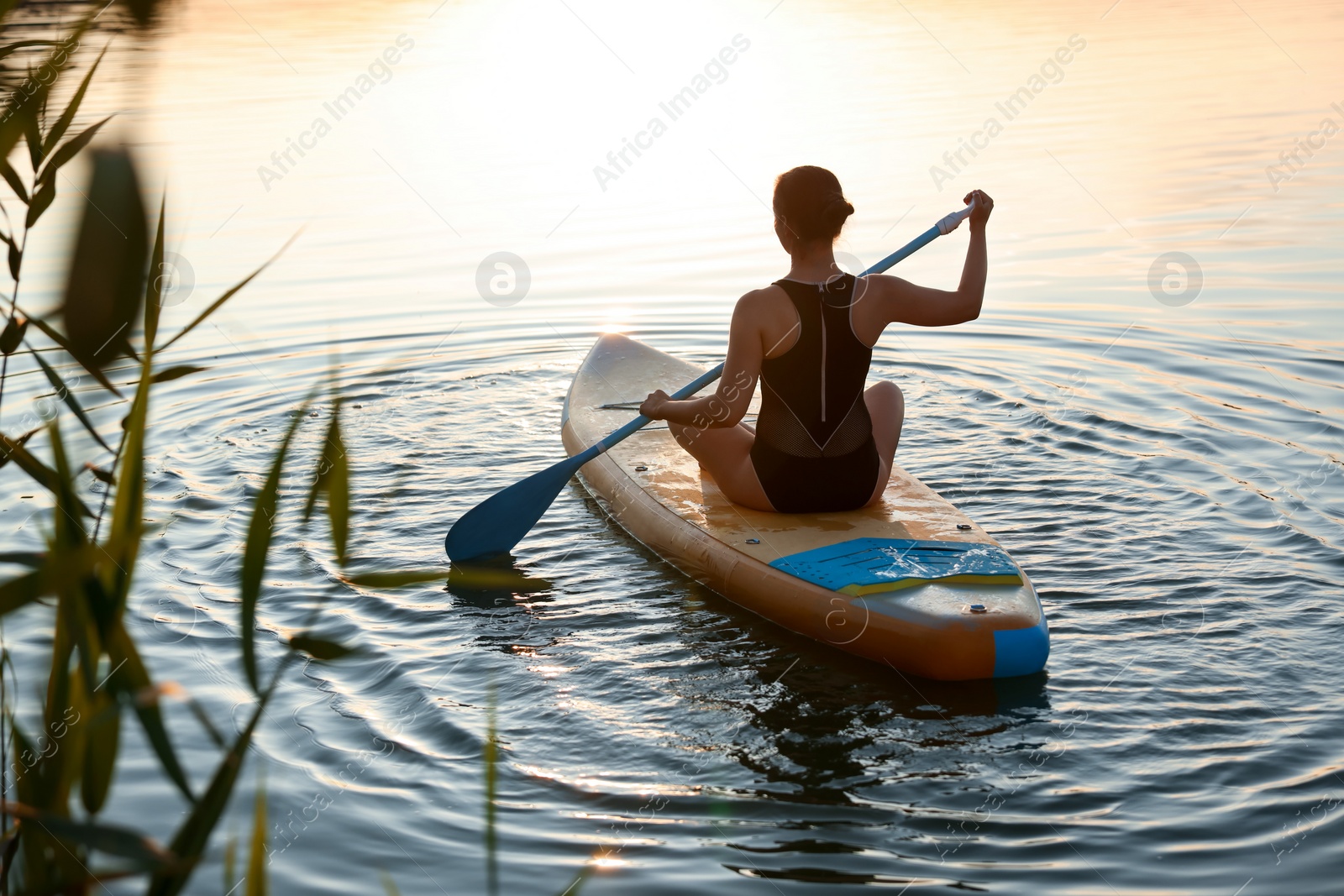 Photo of Woman paddle boarding on SUP board in river at sunset, back view