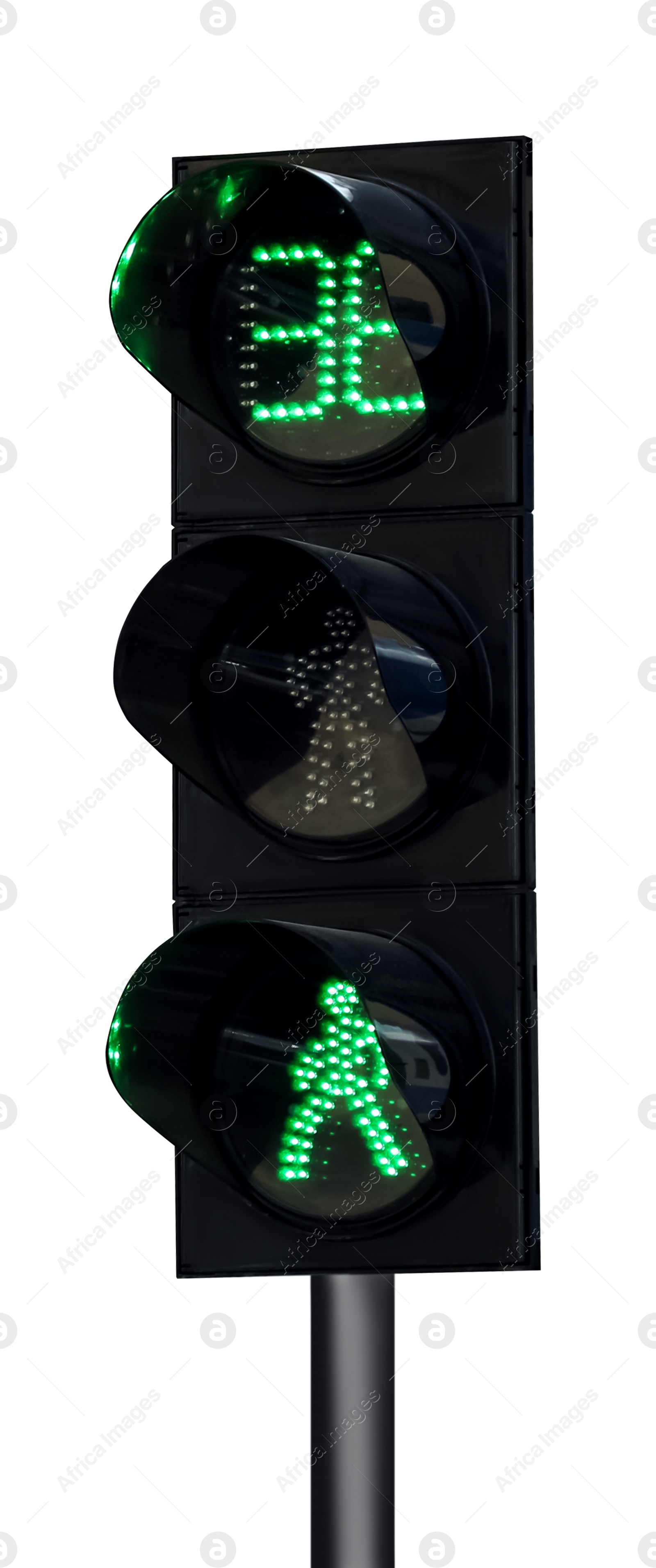 Image of Modern traffic light with timer and pedestrian signals isolated on white
