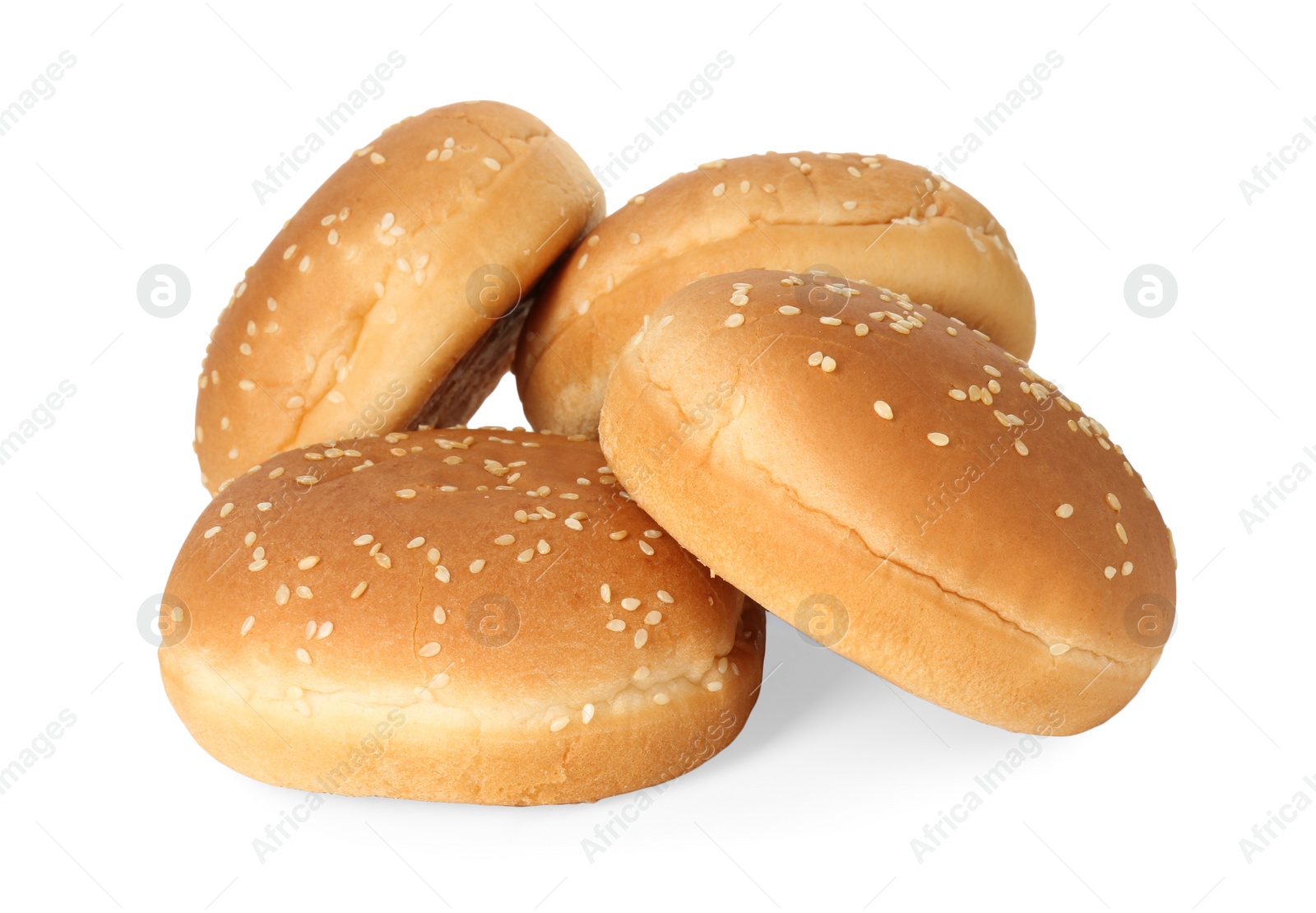 Photo of Many fresh burger buns isolated on white