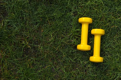 Photo of Yellow dumbbells on green grass, top view with space for text. Morning exercise