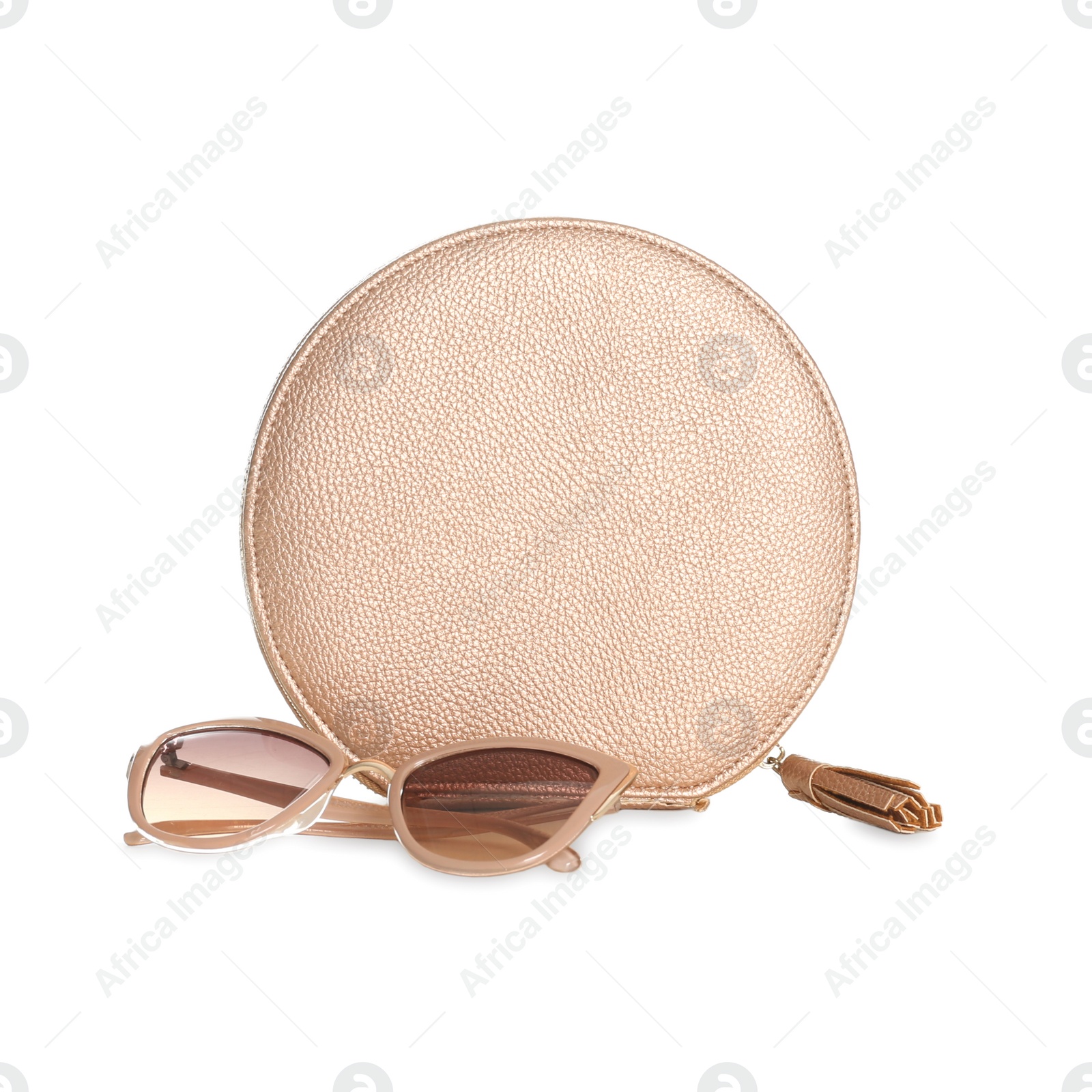 Photo of Stylish woman's bag and sunglasses isolated on white