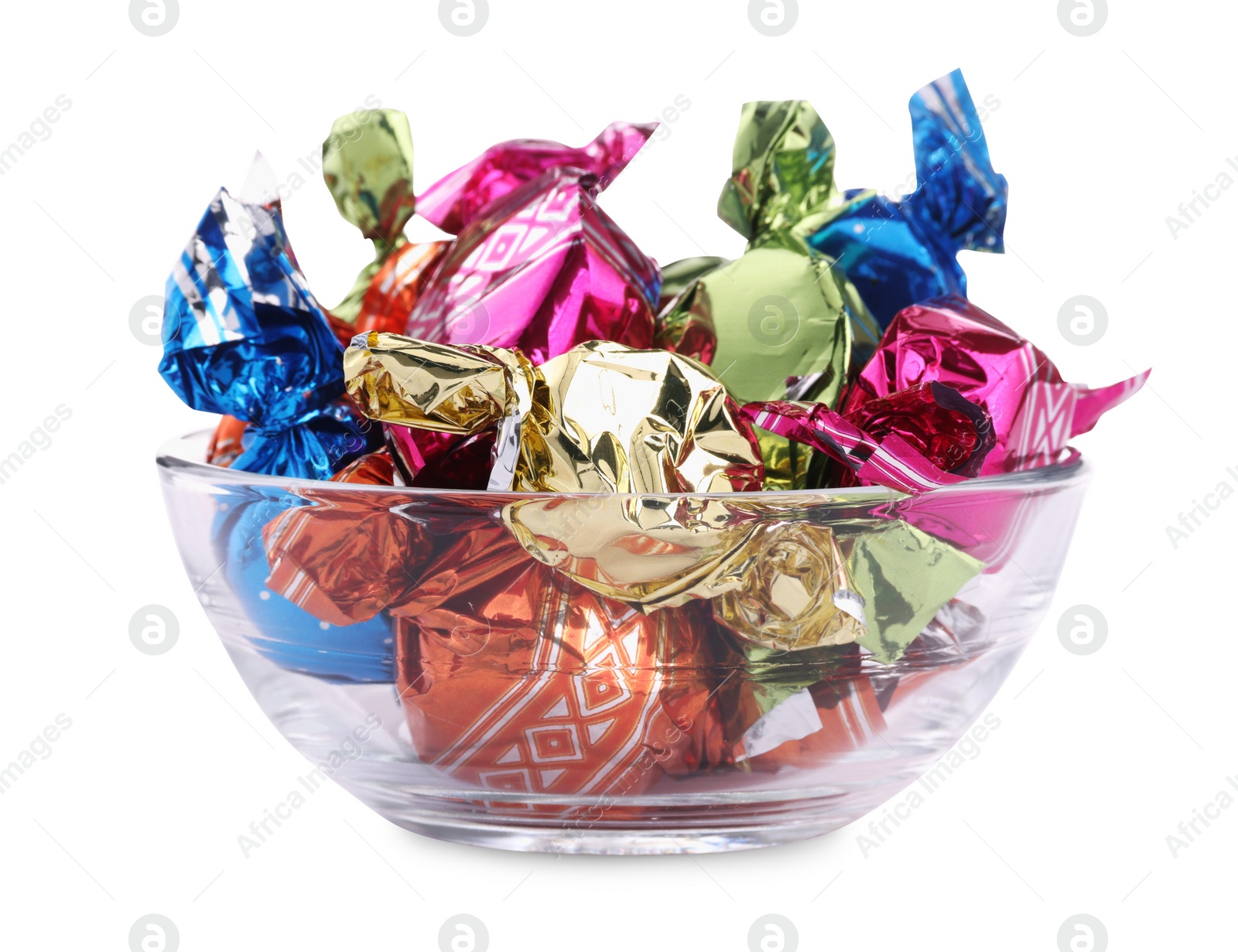 Photo of Bowl with candies in colorful wrappers isolated on white