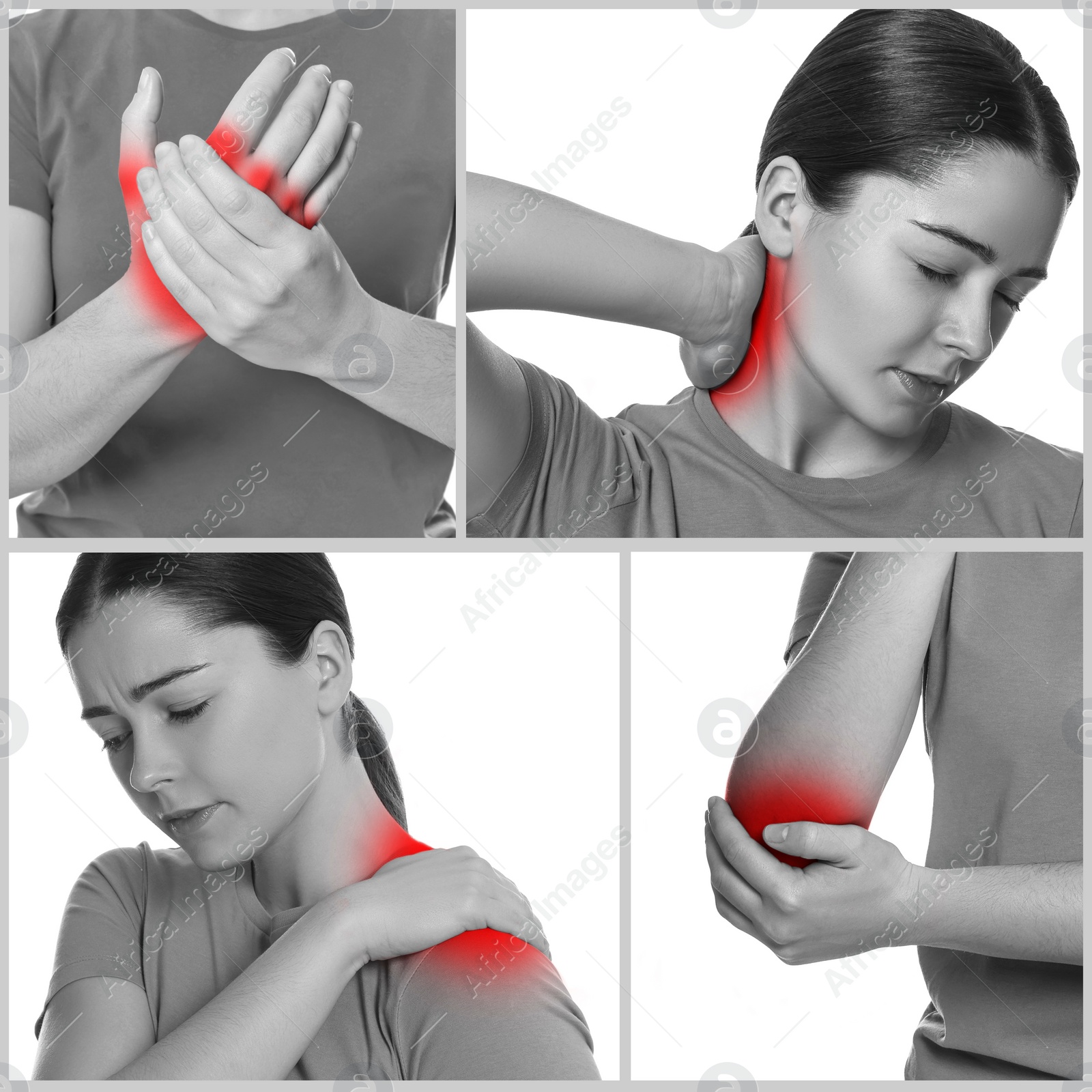 Image of Woman suffering from rheumatism, black and white effect with red accent. Collage of photos