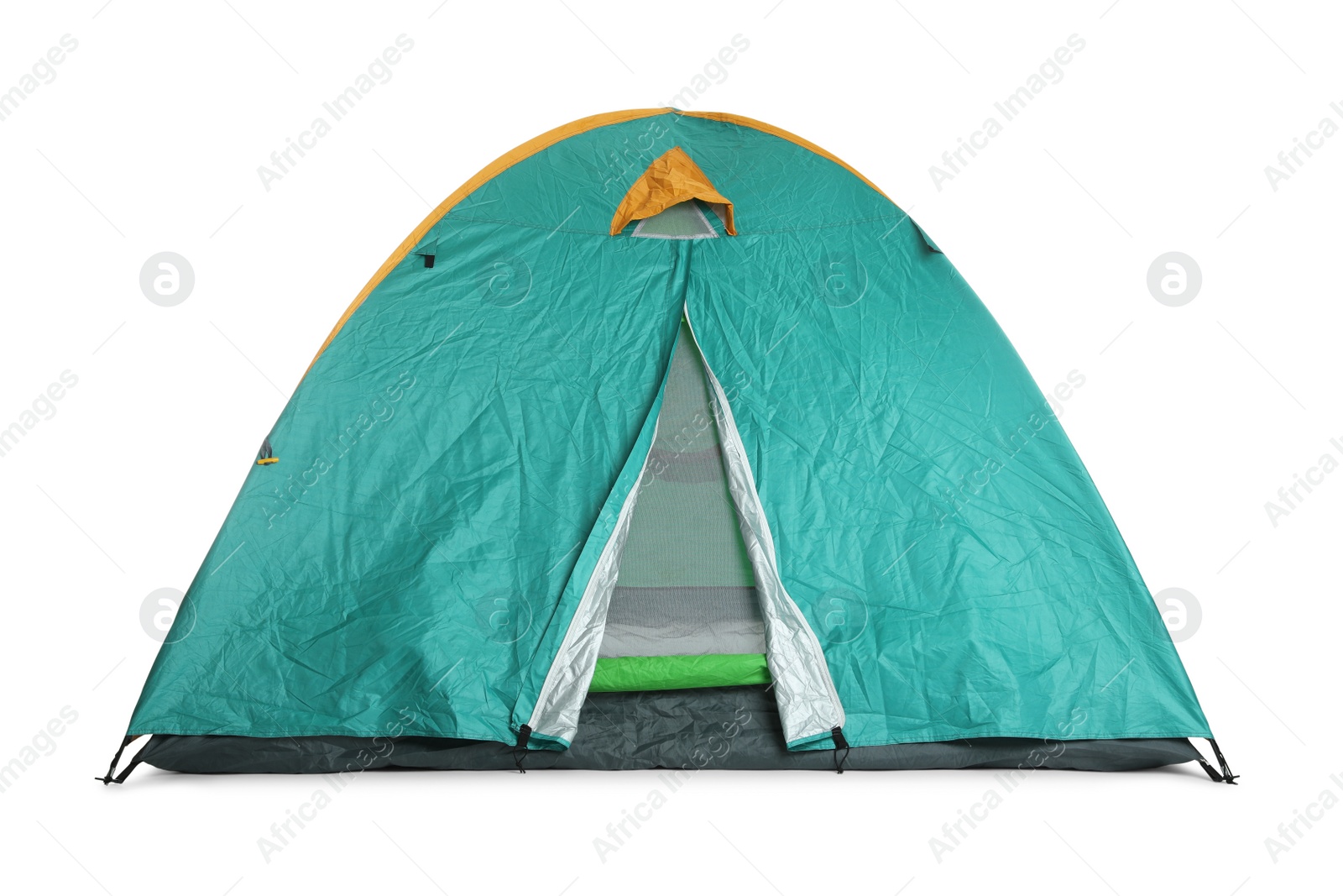 Photo of Bright turquoise camping tent on white background