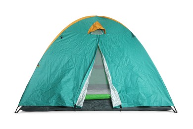 Bright turquoise camping tent on white background
