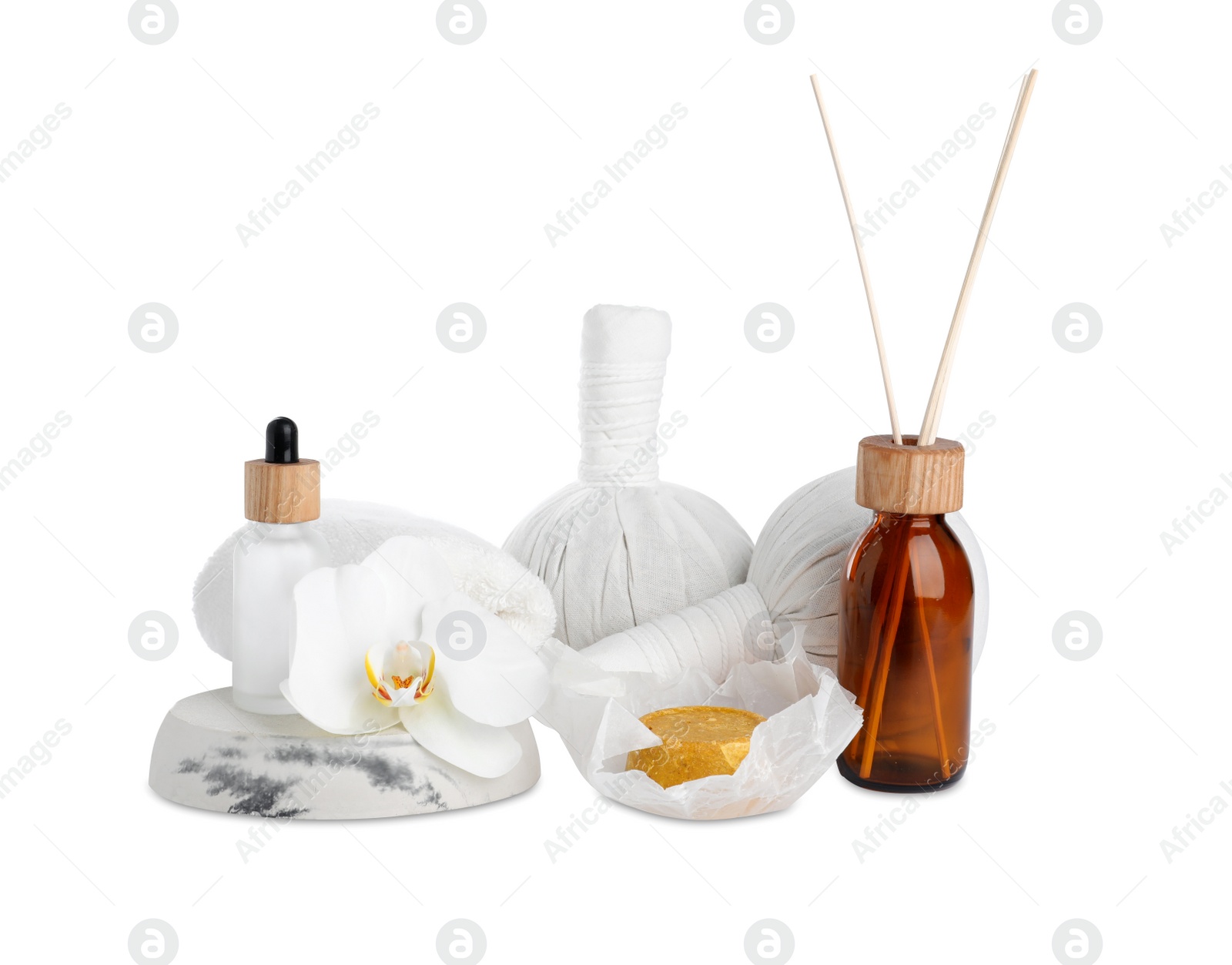 Photo of Beautiful spa composition with different care products isolated on white