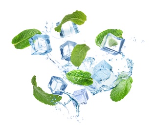 Image of Ice cubes and green mint leaves with water splashes on white background