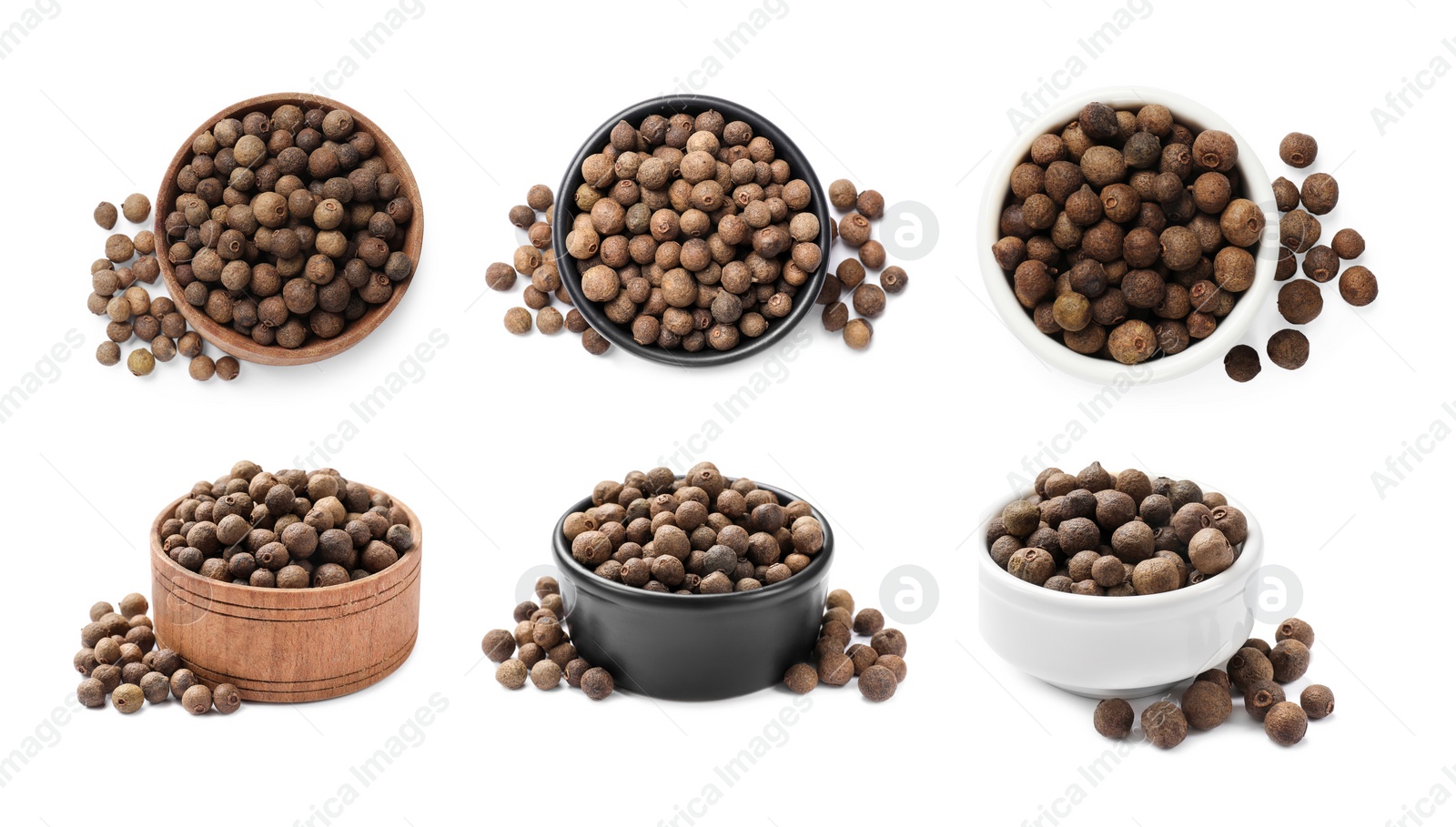 Image of Set of allspice berries (Jamaica pepper) in bowls isolated on white, top and side views