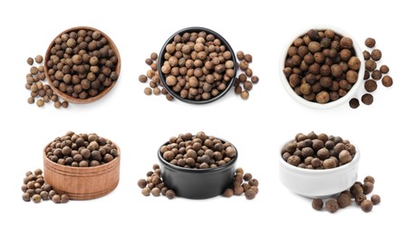 Image of Set of allspice berries (Jamaica pepper) in bowls isolated on white, top and side views