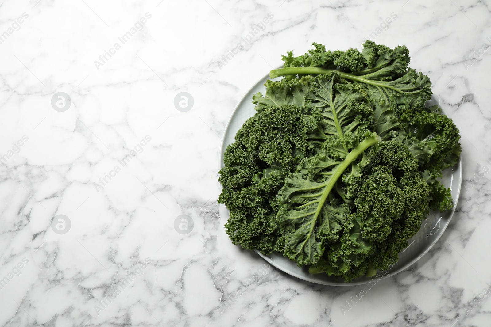 Photo of Fresh kale leaves on white marble table, top view. Space for text