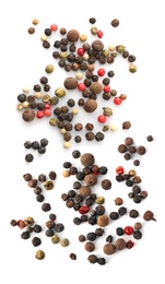 Image of Mix of different peppercorns on white background, top view