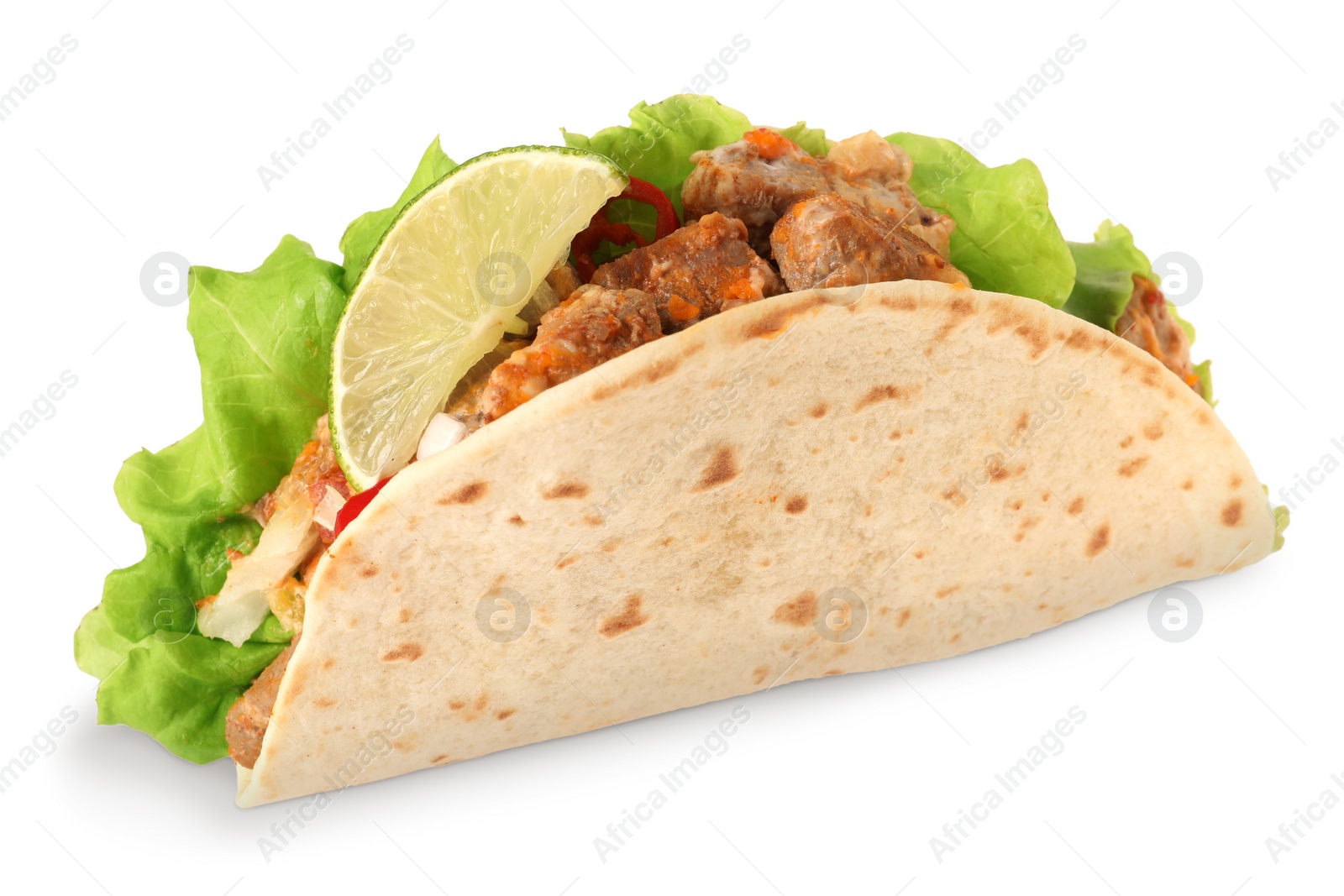 Photo of Delicious taco with meat, vegetables and slice of lime isolated on white