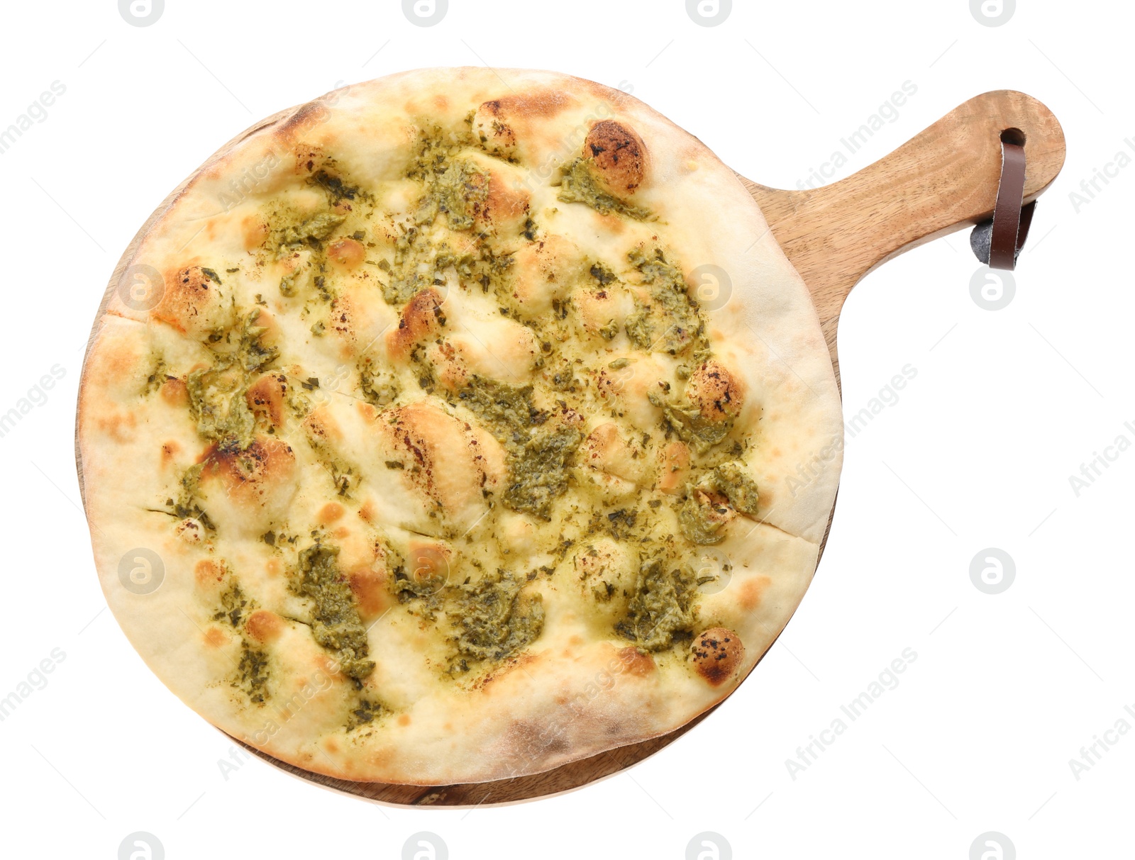 Photo of Traditional Italian focaccia bread with guacamole isolated on white, top view