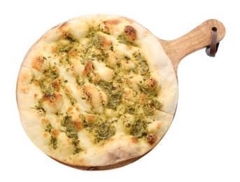 Traditional Italian focaccia bread with guacamole isolated on white, top view