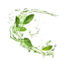 Image of Splashes of refreshing drink with leaves on white background. Green or matcha tea