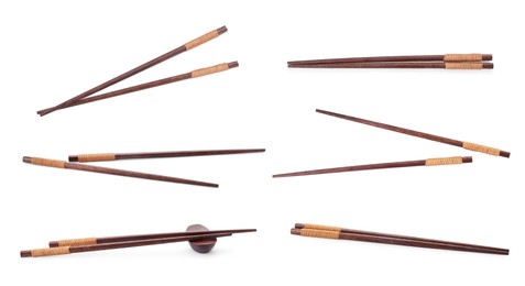 Image of Collage with wooden chopsticks isolated on white