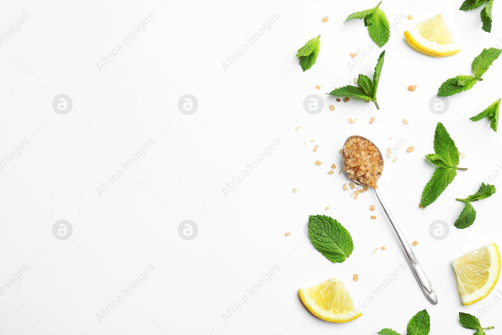 Photo of Fresh mint with sliced lemon and sugar on white background, flat lay