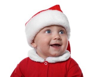 Photo of Cute baby in Christmas costume on white background