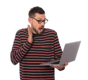 Emotional man with laptop on white background