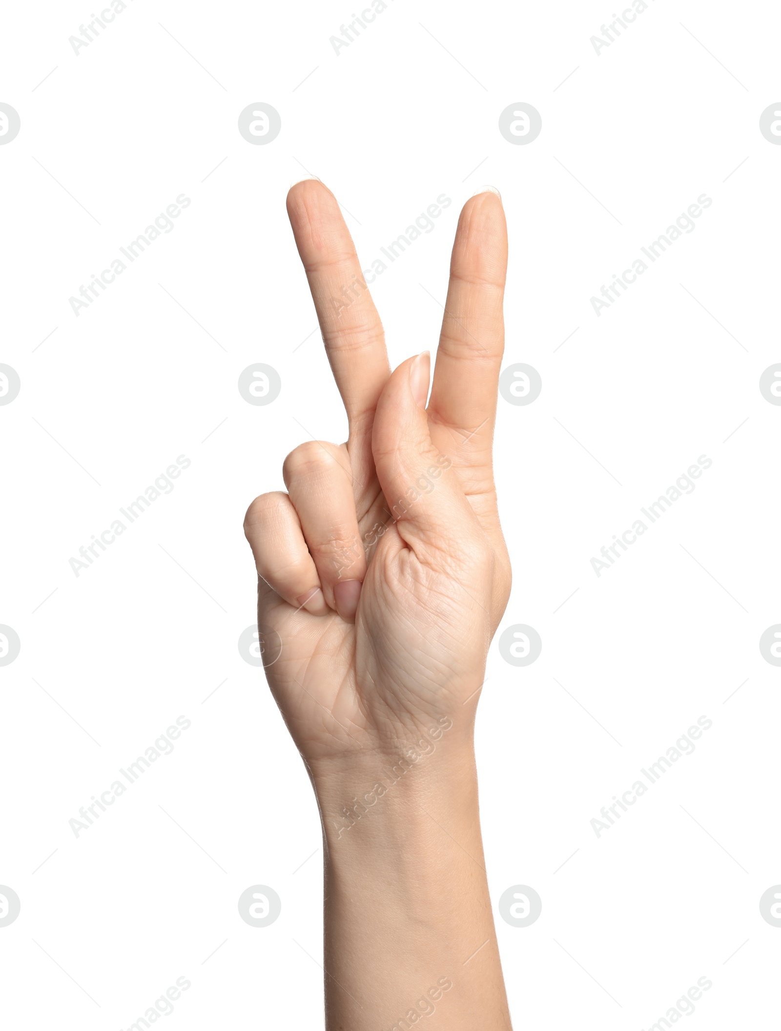 Photo of Woman showing K letter on white background, closeup. Sign language