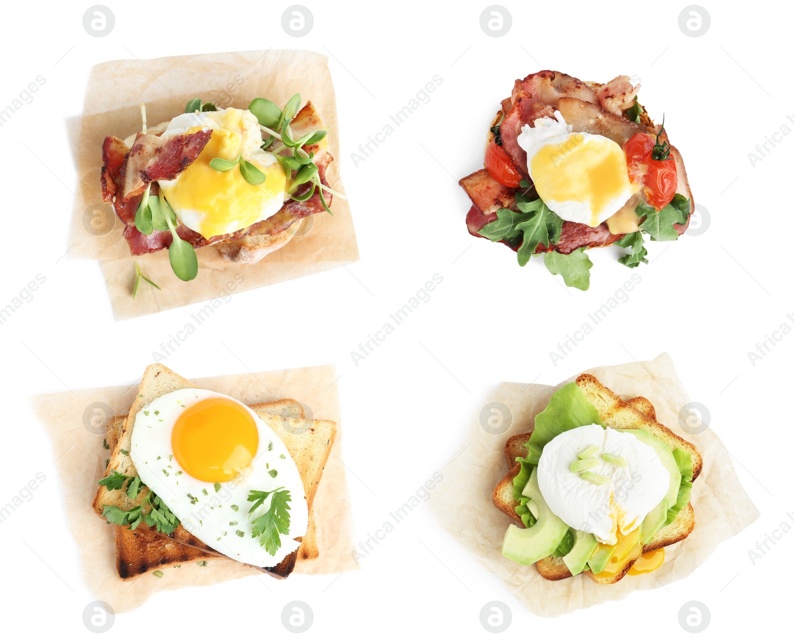 Image of Set of different egg dishes on white background, top view