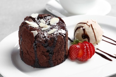 Delicious fresh fondant with hot chocolate, ice cream and strawberry served on plate. Lava cake recipe