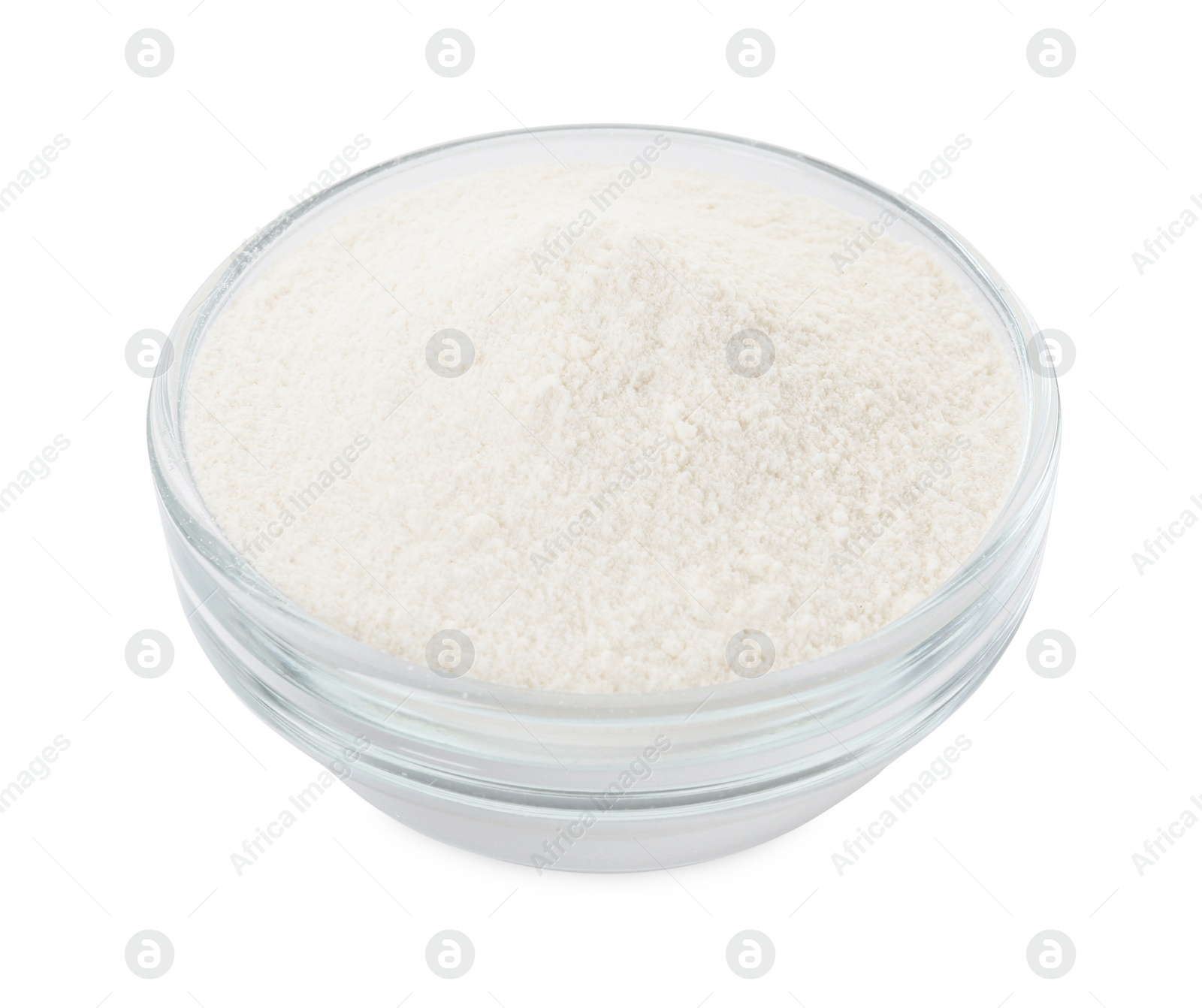 Photo of Baking powder in bowl isolated on white