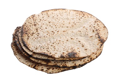 Photo of Tasty matzos on white background. Passover (Pesach) celebration