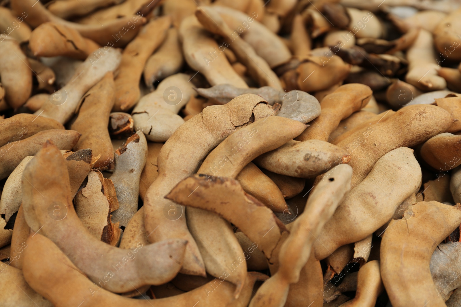 Photo of Pile of ripe tamarind fruits as background, closeup