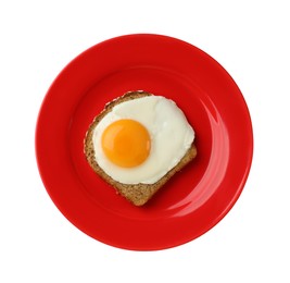 Plate with tasty fried egg and slice of bread isolated on white, top view