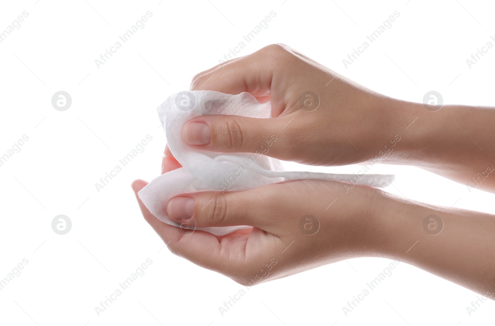 Photo of Woman holding wet wipe on white background, closeup