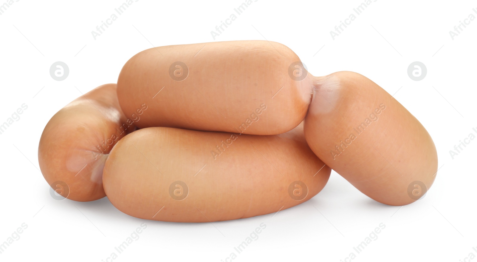 Photo of Tasty sausages isolated on white. Meat product