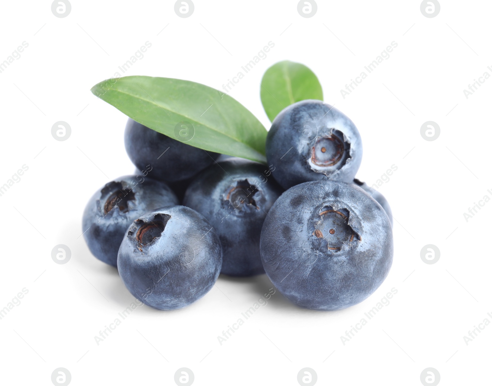 Photo of Fresh ripe blueberries with leaves on white background