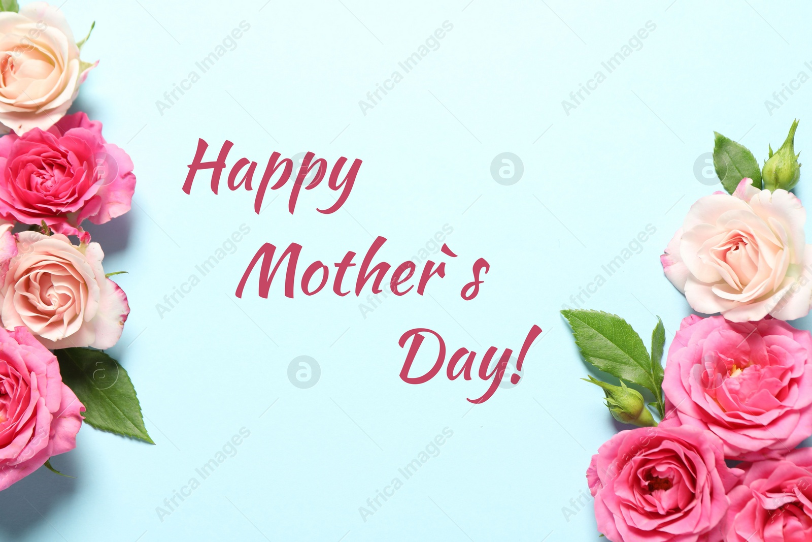 Image of Happy Mother's Day greeting card. Beautiful rose flowers on light blue background