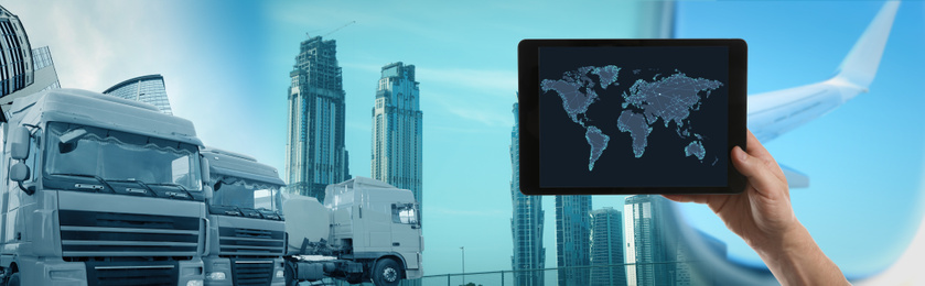 Image of Logistics concept, banner design. Man using tablet with world map, closeup. Trucks and buildings on background, toned in blue