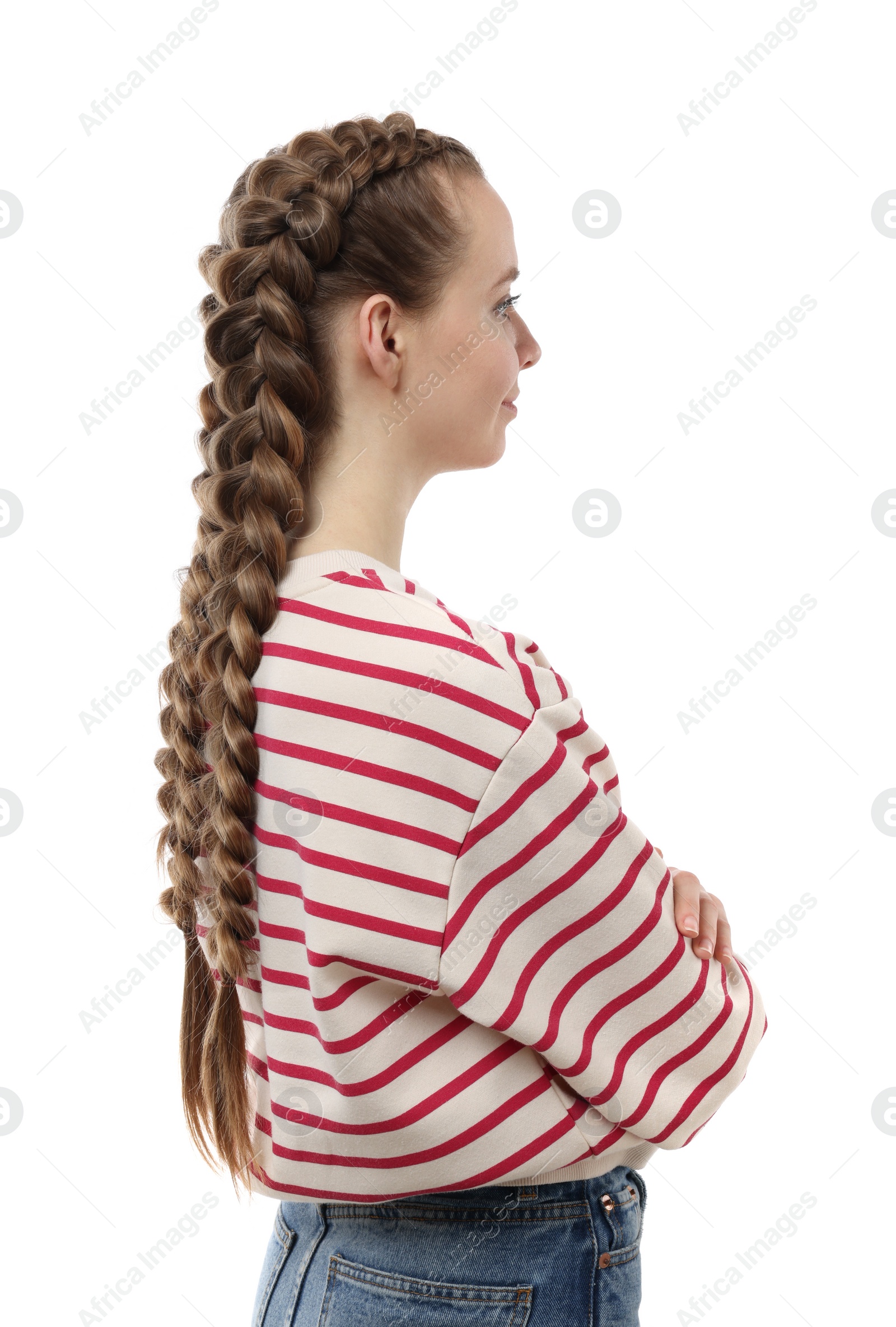 Photo of Woman with braided hair on white background