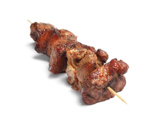 Photo of Wooden skewer with delicious shish kebab isolated on white