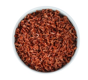 Photo of Bowl with delicious cooked brown rice on white background, top view