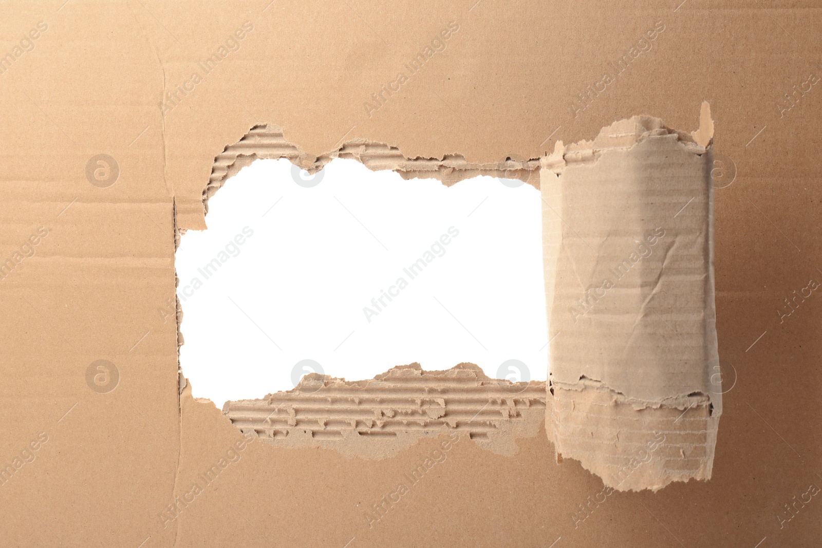 Photo of Hole in cardboard on white background. Recyclable material