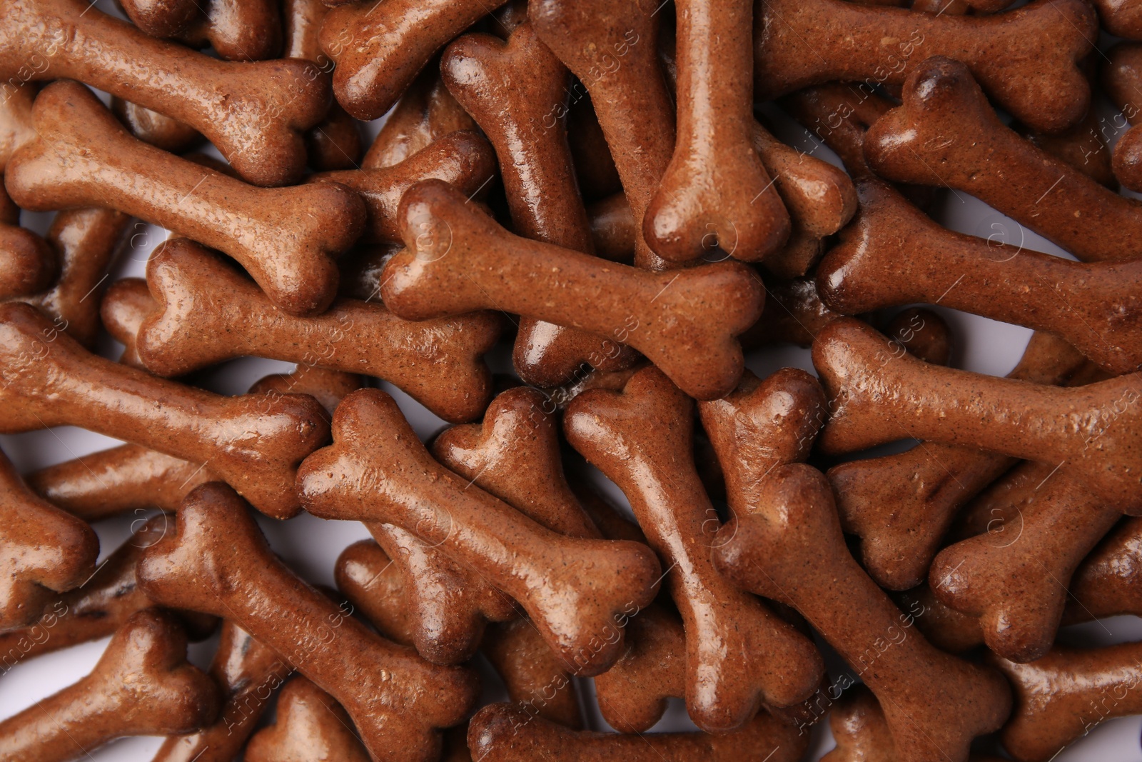 Photo of Many bone shaped dog cookies on white background, flat lay