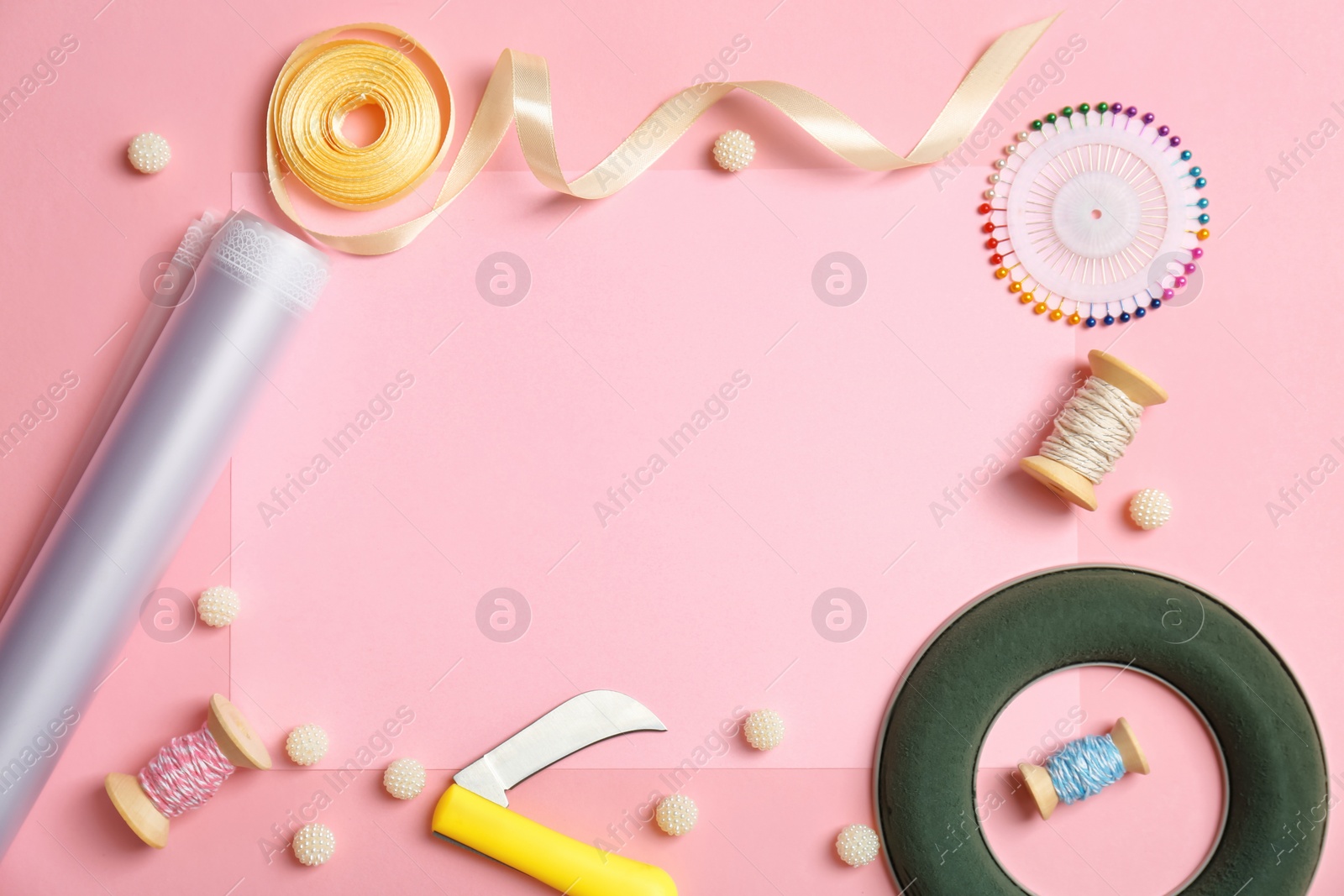 Photo of Florist equipment on color background, top view