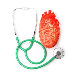 Photo of Heart model and stethoscope on white background, top view. Cardiology concept