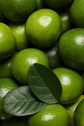 Photo of Fresh ripe limes and leaves as background, top view