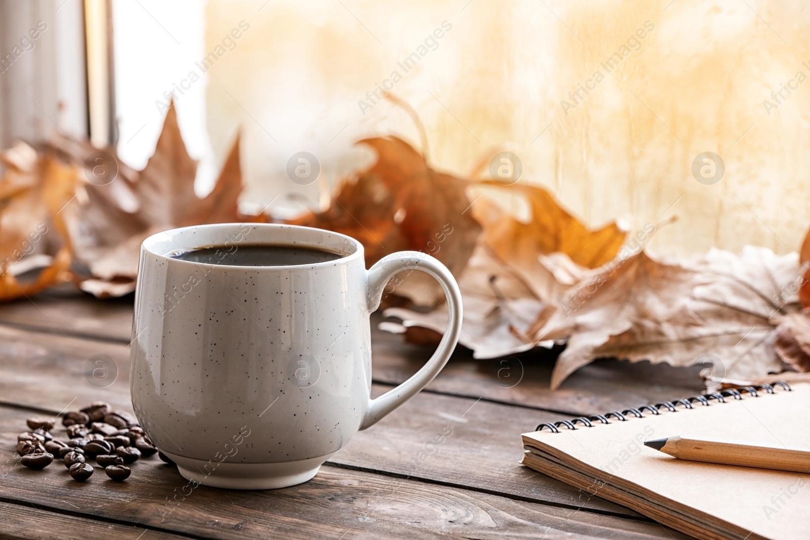Photo of Composition with cup of hot cozy drink and autumn leaves on windowsill. Space for text