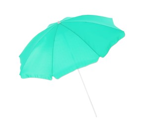 Image of Open turquoise beach umbrella isolated on white